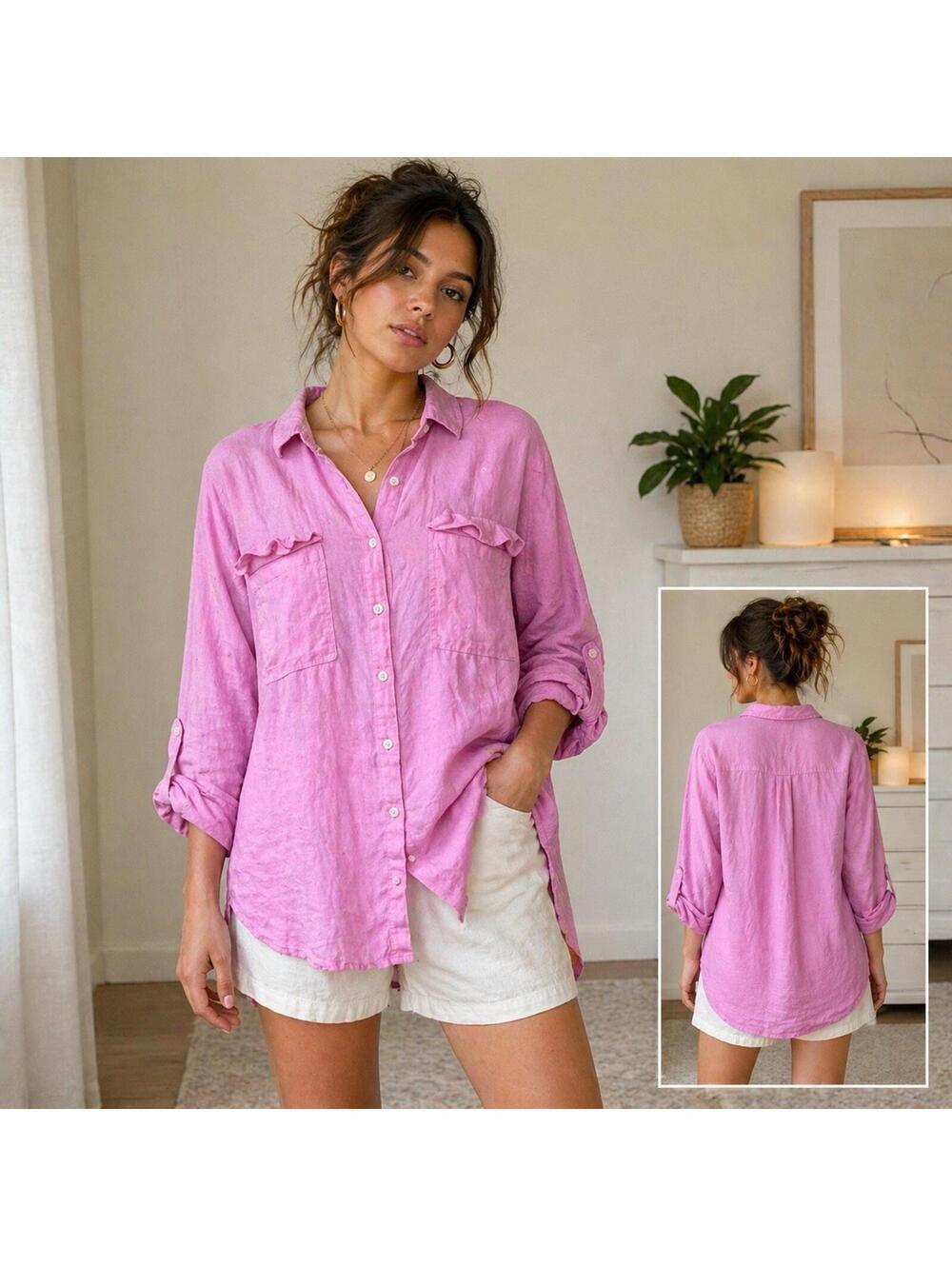 Love Tree Pink Linen Tunic Blouse Medium Button Up Lightweight Boho Coastal Top